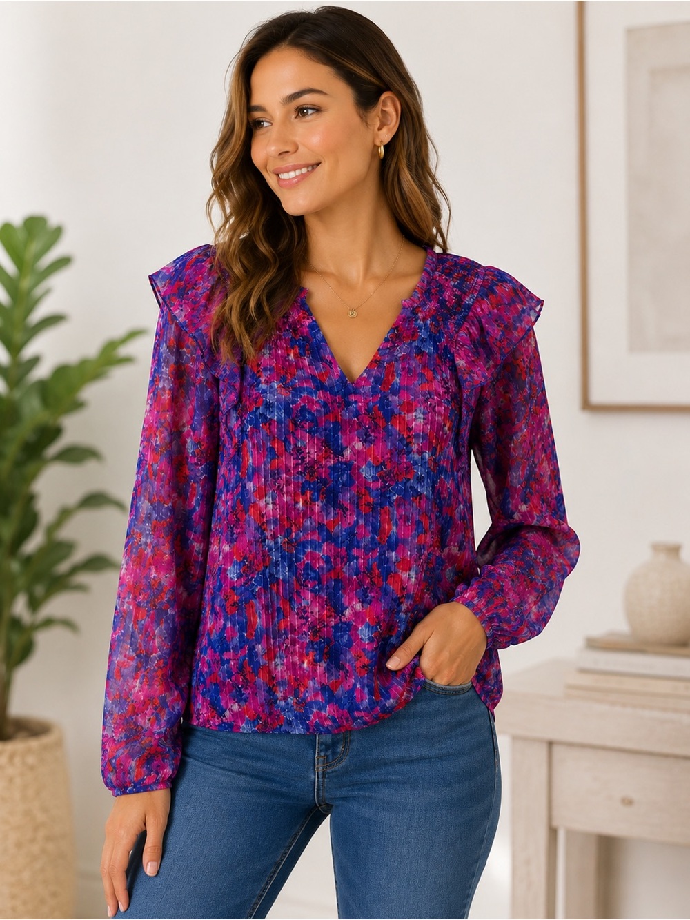 Skies Are Blue Women’s Medium Abstract Floral Sheer Long Sleeve V-Neck Blouse